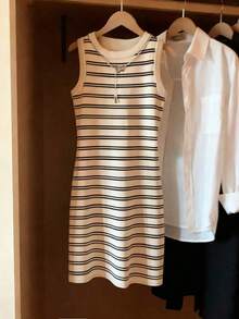 Vestido de camiseta ajustado con cuello redondo y estampado de rayas, nueva llegada para primavera/verano para mujer - Multicolor 4 - Ver 3