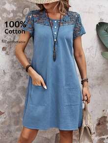 Vestido de verano casual y vintage para mujer con encaje empalmado - Azul - Ver 9