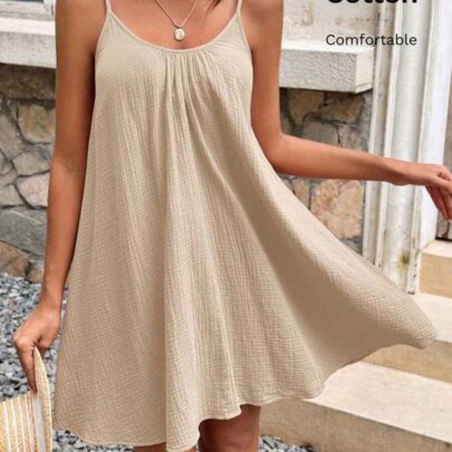 Frenchy Women's Solid Color Cotton Muscle Spaghetti Straps Summer Holiday Style Dress, Dress, Tank Dress, Summer Women's Clothing, Cotton Women's Clothing Black Vacation Casual Beach Resort - Albaricoque - Ver 1