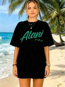 1 pieza de camiseta de mujer, camiseta de algodón de manga corta con estampado gráfico Alani para mujer, estilo casual de verano, ropa de calle, camiseta de uso diario para ella, camisetas gráficas, camisetas vintage, 180g 100% algodón (tallas S-3XL) - Camiseta de algodón de cuello redondo y manga corta de corte relajado para mujer, tops de verano, conjuntos inspirados en festivales, 100% algodón. - Negro - Ver 1