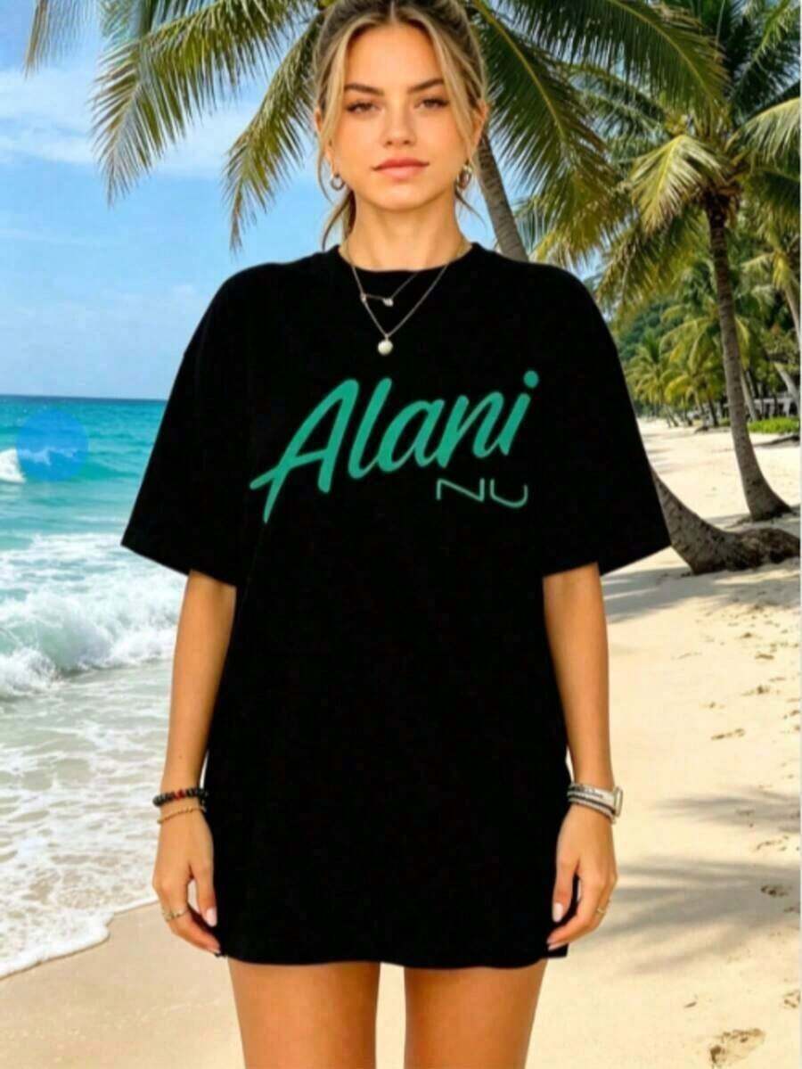 1 pieza de camiseta de mujer, camiseta de algodón de manga corta con estampado gráfico Alani para mujer, estilo casual de verano, ropa de calle, camiseta de uso diario para ella, camisetas gráficas, camisetas vintage, 180g 100% algodón (tallas S-3XL) - Camiseta de algodón de cuello redondo y manga corta de corte relajado para mujer, tops de verano, conjuntos inspirados en festivales, 100% algodón. - Negro - Ver 1