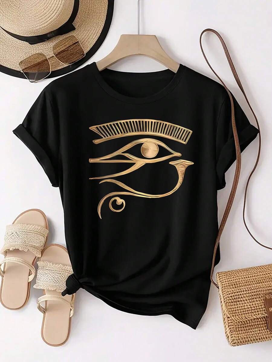 Camiseta de mujer con diseño estampado del Ojo de Horus del antiguo Egipto, estampado único, camiseta deportiva de moda de manga corta y cuello redondo para uso diario, top cómodo para mujer. - Negro - Ver 1