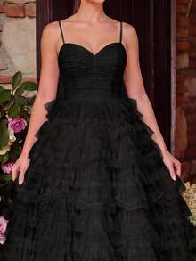 Layered Ruffle Front Mesh Strap Maxi Formal Dress - Black - View 4