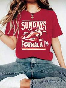 Sunday Is For Formula Racing Fans, Fashionable Women's Crew Neck Short Sleeve T-Shirt With Racing Car Pattern, Summer Clothes, Loose And Comfortable - Vintage Street Style Unisex Cotton Short Sleeve Crew Neck T-Shirt - Rojo - View 1