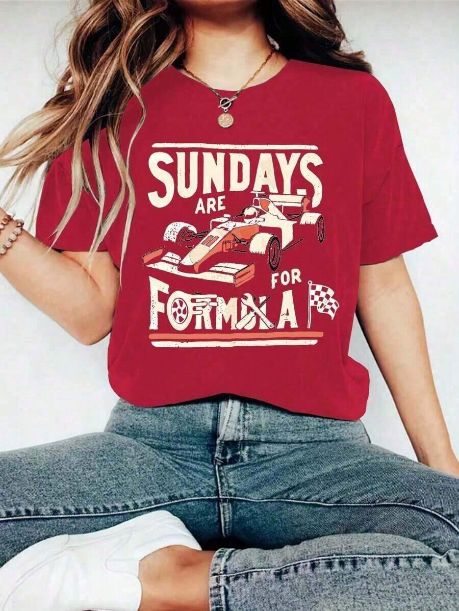 Sunday Is For Formula Racing Fans, Fashionable Women's Crew Neck Short Sleeve T-Shirt With Racing Car Pattern, Summer Clothes, Loose And Comfortable - Vintage Street Style Unisex Cotton Short Sleeve Crew Neck T-Shirt - Rojo - View 1