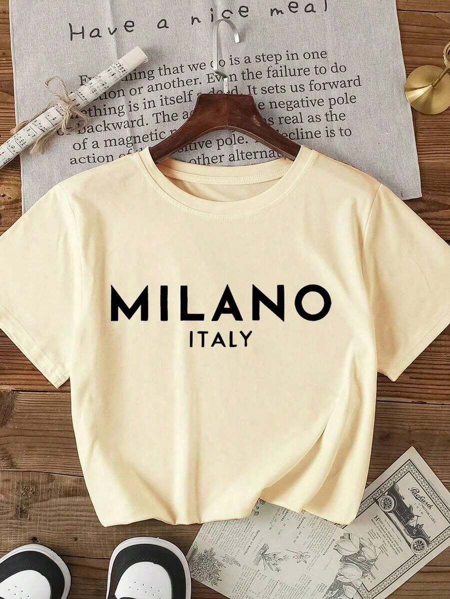 New Women's Casual Summer T-Shirt With Milan City Text Print, Vintage Urban Summer Style, Unisex, Loose Fit, Cotton, Short Sleeve And Round Neck - 杏色 - 查看 1