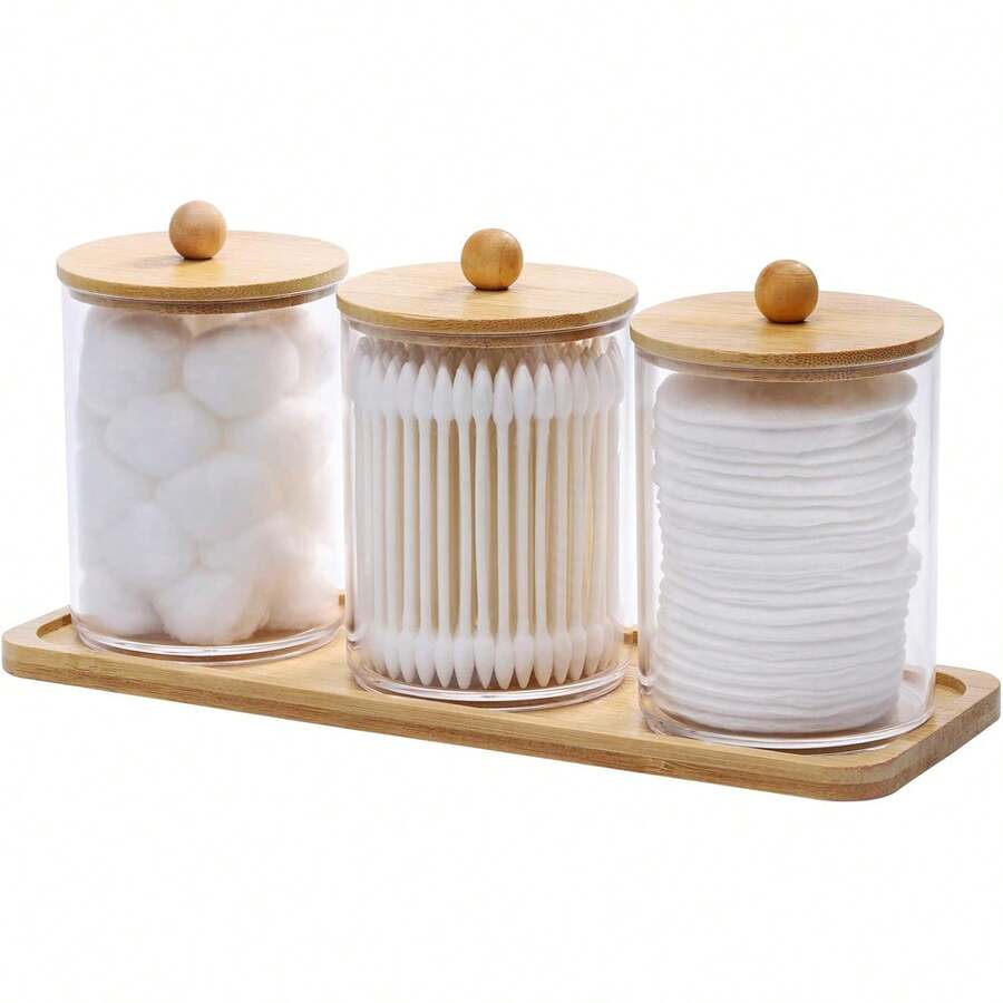 Tbestmax 10 Oz Cotton Swab/Ball/Pad Holder With Vanity Tray, Qtip Apothecary Jar, Bathroom Containers Dispenser Storage 3 Pack Wood Lids - Three-piece Set + Tray - View 1