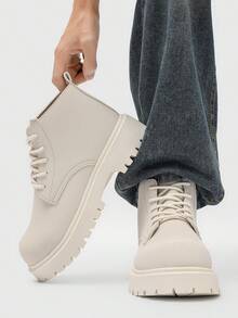 Men's Fashion Round Toe High-Top Boots, Thick Sole Anti-Slip Work Boots, Retro Ankle Boots For Men, Outdoor Wear In Winter, Plus Size - White - View 2