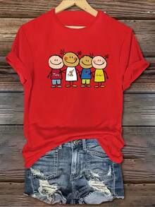 1 camiseta de manga corta con cuello redondo para mujer, de poliéster tejido, estilo casual, para todas las estaciones, con estampado de dibujos animados de una niña pequeña, sencilla y linda.ropa de calor mujer - Rojo - Ver 7