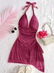 Vestido mini romántico para vacaciones con escote halter en V, con lazada, malla arrugada y bajo asimétrico en degradado vintage sexy para mujer - Rosa Fucsia - Ver 3
