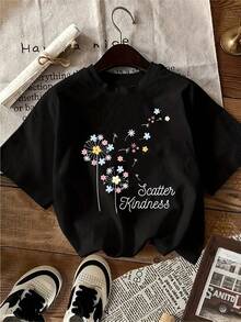 Camiseta uni y para mujer "Scatter Kindness" - Prenda superior suave y transpirable de manga corta y cuello redondo con estampado de diente de león y maosa y mense positivo, camiseta ligera y casual de verano adecu para uso casual, lavable a máquina, estilo blusa de uste regular - Negro - Ver 2