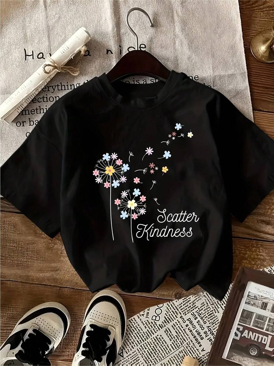 Camiseta uni y para mujer "Scatter Kindness" - Prenda superior suave y transpirable de manga corta y cuello redondo con estampado de diente de león y maosa y mense positivo, camiseta ligera y casual de verano adecu para uso casual, lavable a máquina, estilo blusa de uste regular