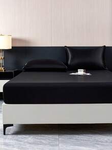 1pc Solid Black TPU Backed Waterproof Satin Fitted Sheet, 1pc Fitted Sheet, Valentine's Day Mattress Cover, Suitable For Home Use In Oversized/Queen/Full/Twin Size Beds, Mattress Depth Up To 11.8 Inches, Breathable & Wrinkle-Resistant, Machine Washable - Black - View 8