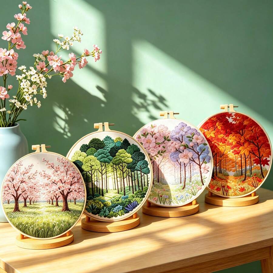 四季风景刺绣套装 - 春桃花、绿林、粉红花卉、秋枫，DIY手工家居装饰品