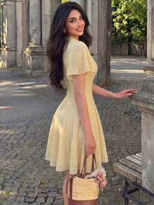 Vestido elegante y romántico de manga corta con encaje tejido amarillo, cintura y línea A para mujer, primavera/verano - Amarillo - Ver 3
