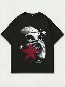 Top mujerCamiseta Negra para Hombre con Estampado de Cara Enmascarada y Estrellas - Estilo Misterioso y Moderno, Estampado Casual, Cómoda y Versátil, Camiseta Estampada de Algodón Puro de 220g con Patrón de Letras, Estilo UnisexTendencia 2026 - Negro - Ver 9