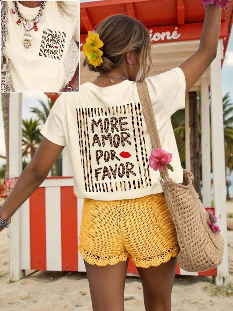 Camiseta de mujer, camiseta de manga corta con gráfico de estilo casual de calle, top de verano lindo - Albaricoque 3 - Ver 1