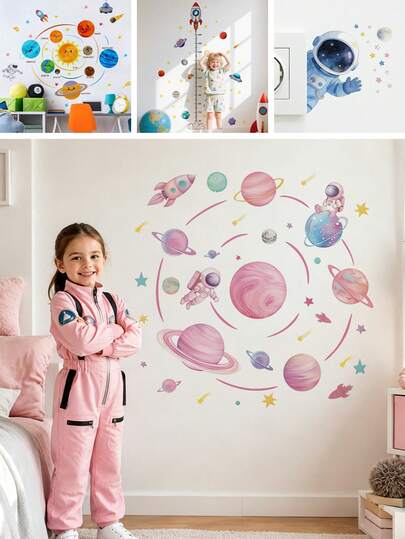 1/2 piezas/Set Pegatinas de pared de espacio rosa, calcomanías de planetas y astronautas de la galaxia, cohete 2D extraíble arte para niñas dormitorio infantil decoración o aula, fácil de pelar y pegar