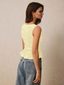 Camiseta de mujer informal de cuello redondo con pliegues de color liso y versátil - Amarillo - Ver 2