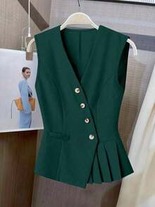 Chaleco elegante y romántico de mujer con unicolor, plisado, asimétrico, con botones y cuello en V, adecuado para ir al trabajo y el Día de San Valentín - Verde - Ver 7