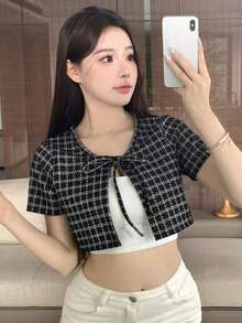 Camiseta de manga corta con nudo delantero y estampado de cuadros, top corto para mujeres - Blanco y Negro - Ver 3