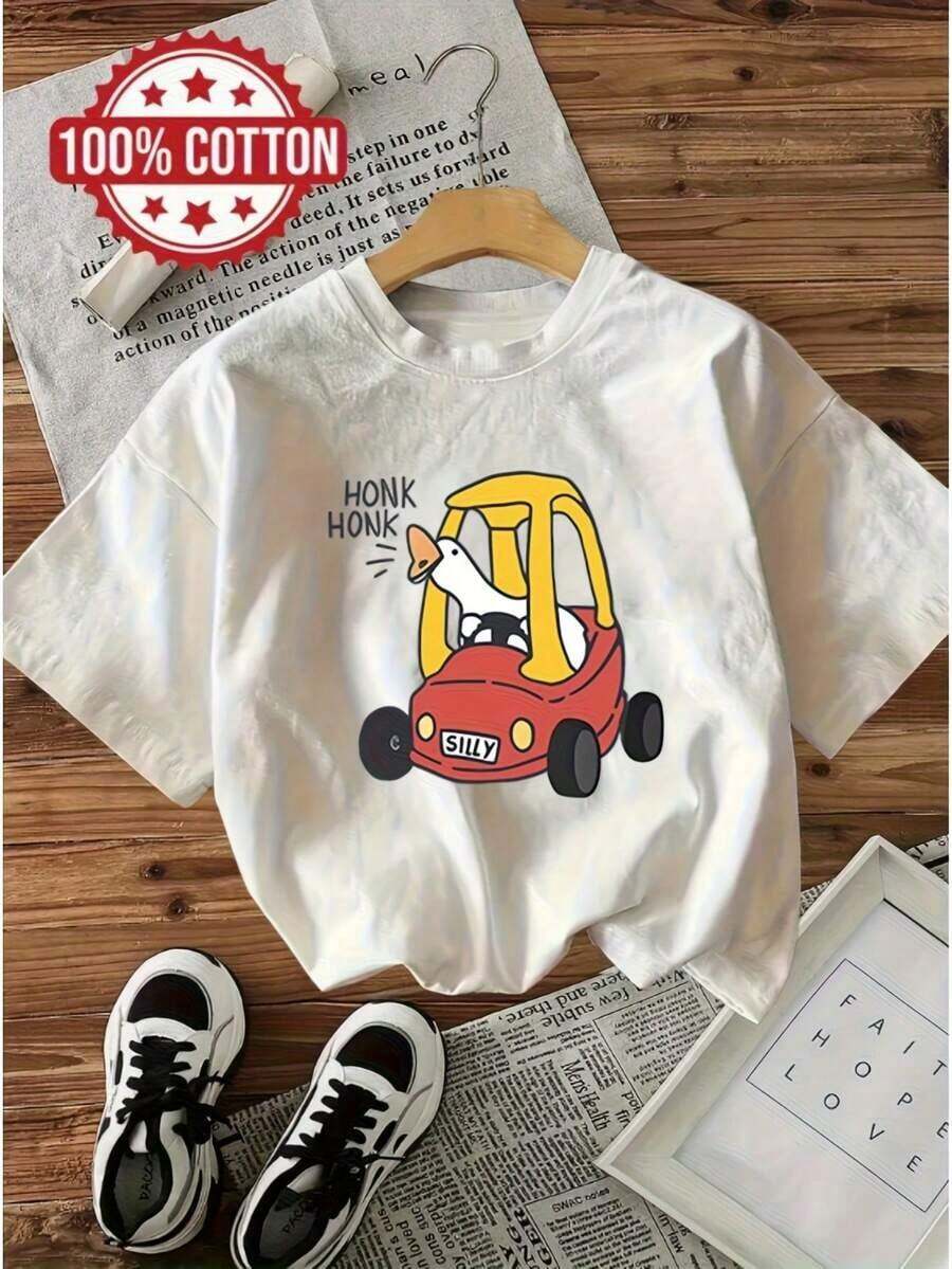 Camiseta de Mujer con Divertido Estampado de Ganso - Texto "HONK HONK" - Top de Algodón Suave y Transpirable - Estilo Casual Holgado para Uso Diario, Imprescindible para Todas las Temporadas - Blanco - Ver 1