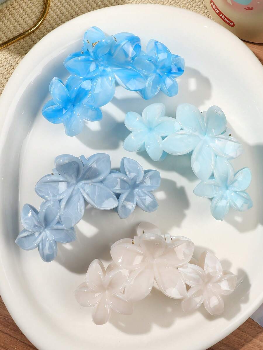 4入組藍色茄子花拼接髮夾,韓系甜美溫柔女孩清新柔美可愛髮型配件,適用於旅遊、約會、購物、下午茶、度假海灘抓夾 - 彩色 - 查看 1