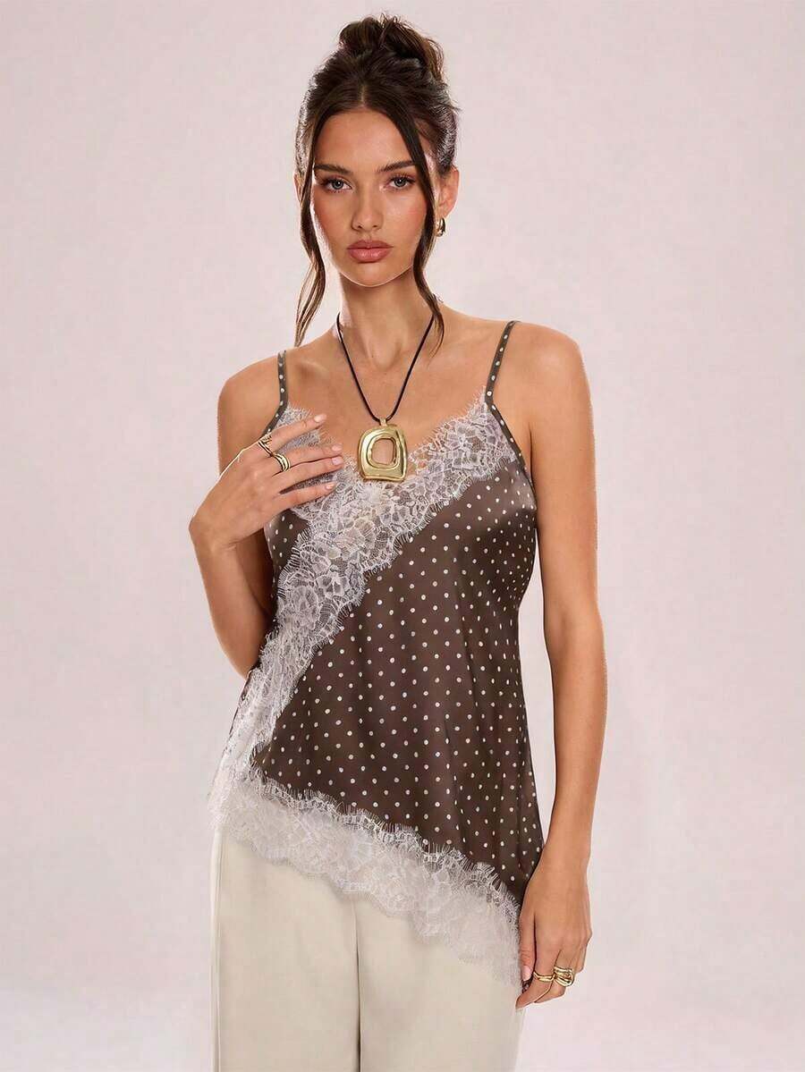 Camiseta de tirantes asimétrica con entramado de encaje transparente - Multicolor 6 - Ver 1