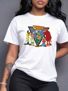 Grupo de personajes caricaturescos reunidos con fondo geométrico colorido que transmite alegría y energía divertida camiseta para mujer casual de manga corta cómoda y moderna,Camiseta de mujer elegante. - Blanco - Ver 7
