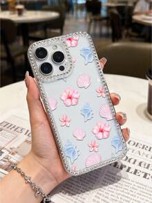1pc Tropical Island Girl Style Transparent Rhinestone Bumper TPU Soft Phone Case, Full-Body Shockproof Protection, Hibiscus Shell Print For IPhone Series - Clear - View 3