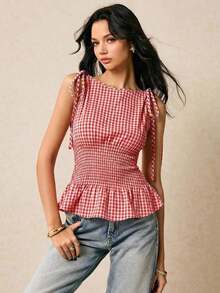 de peplum con smock a cuadros para mujer - Blusa sin mangas con lazos de contraste en los hombros, cintura ceñida estilizadora, top de tirantes casual y elegante a cuadros marrones para el trabajo, el brunch y las vacaciones, Top sin mangas - Rojo y blanco - Ver 2