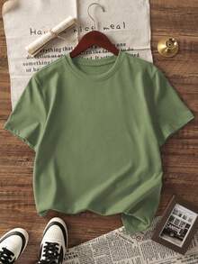 3pcs/Set Kaos Musim Panas Ukuran Besar untuk Anak Perempuan, Kaos Kasual Longgar, Bernapas, Warna Polos, Pakaian Sehari-hari Serbaguna, Gaya Manis & Imut untuk Remaja - Hijau - View 4