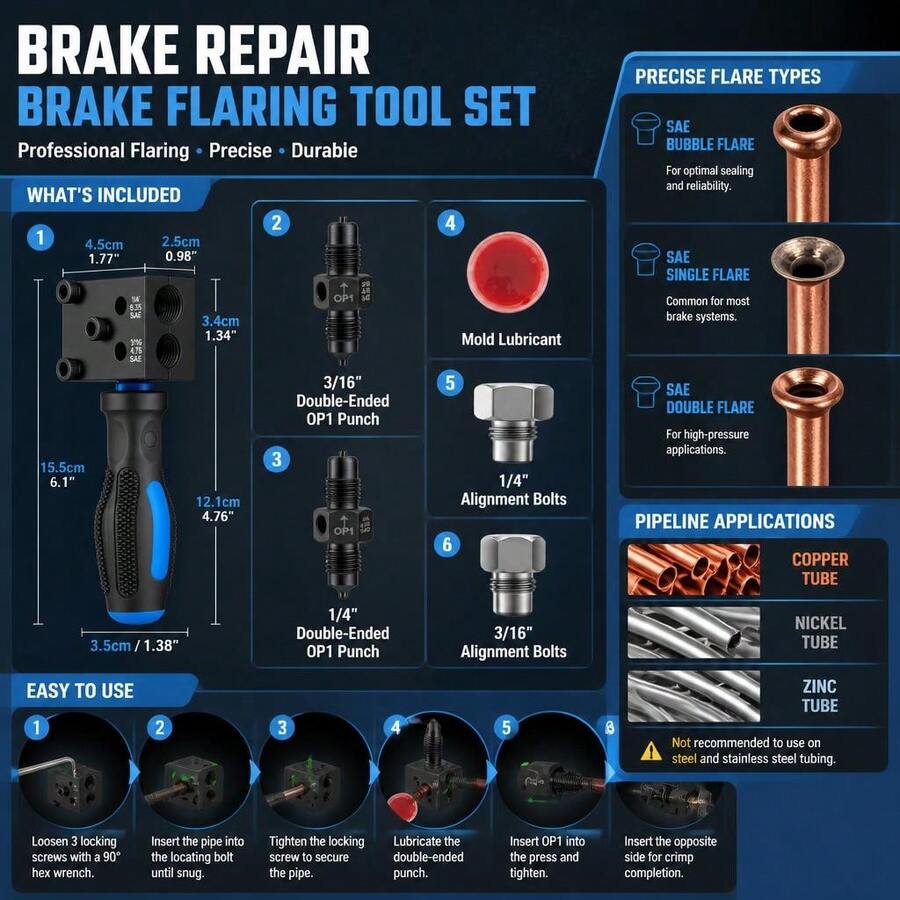Brake Pipe Expansion Kit, 3/16 Inch And 1/4 Inch SAE Dual Torch Tools, Used For Brake Pipelines, Can Make Single And Double And Bubble Torches, Used For Vehicle Braking And Hydraulic Pipelines - Blue Set - View 1