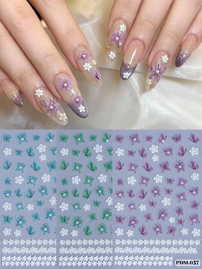 1 Foglio Adesivi per unghie 5D eleganti con farfalle, semi-trasparenti blu, verde e viola con disegno floreale bianco in pizzo, decalcomanie per unghie in rilievo, decorazione romantica per manicure da donna