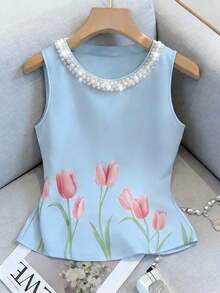 Blusa de tirantes elegante con estampado floral y cuello de perlas brillantes para mujer, adecuada para citas, salidas casuales, ir al trabajo, tomar el té por la tarde, Día de la Madre, Día del Maestro - Azul - Ver 1