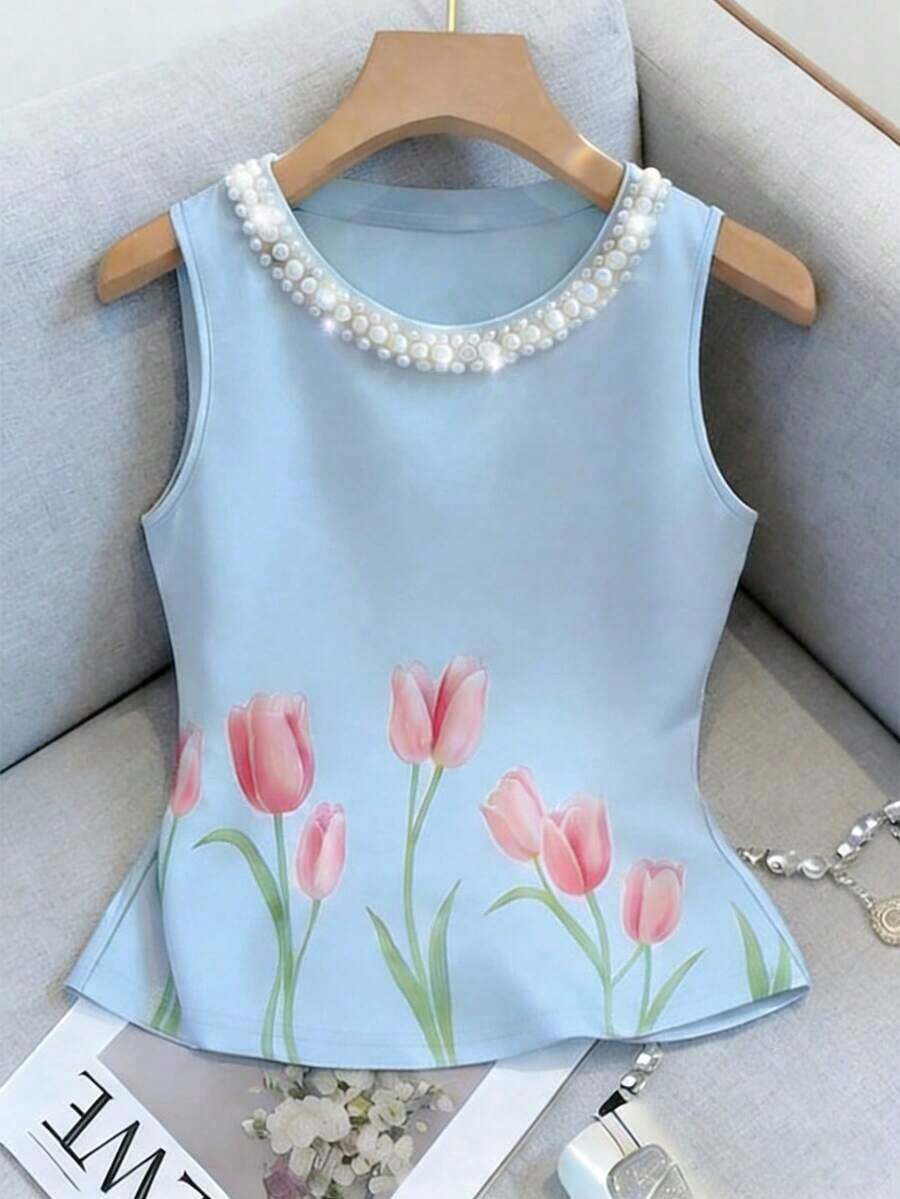 Blusa de tirantes elegante con estampado floral y cuello de perlas brillantes para mujer, adecuada para citas, salidas casuales, ir al trabajo, tomar el té por la tarde, Día de la Madre, Día del Maestro - Azul - Ver 1