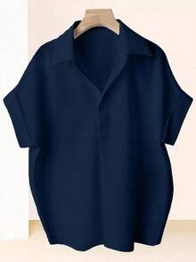 Blusa de Mujer de Diseño Francés Elegante y de Alta Gama con Manga Holgada Tipo Murciélago y Cuello Reversible - azul real - Ver 7