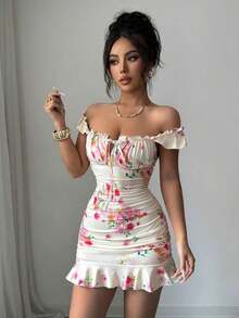 Vestido con estampado floral, volantes y bajo sexy para mujer - Amarillo - Ver 5