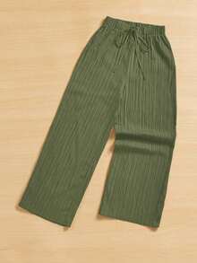Pantalones capri de pierna ancha con textura de estilo casual de verano - Verde militar - Ver 8