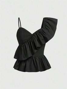 Kawaii Blusa con cuello asimétrico y ribete de volantes de moda Y2K para mujer - Negro - Ver 5