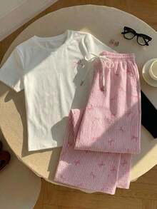 2 piezas Conjunto de top de manga corta con estampado floral bordado falso y rayas y pantalones a rayas, atuendo casual adecuado para el uso diario, citas, fiestas, otoño/invierno/verano, Navidad, Año Nuevo, Acción de Gracias, fiestas, bodas, - Multicolor 7 - Ver 4
