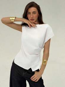 Blusa de oficina para mujer con cuello de barco, mangas cortas y corte cropped en color beige - Blanco - Ver 3