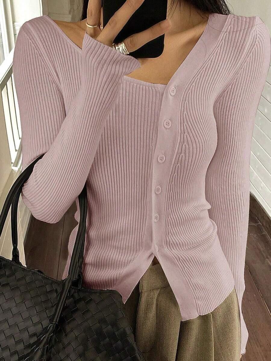 Blusa casual de mujer de punto acanalado con botones y manga corta - Rosa 2 - Ver 1