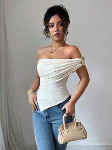 Blusa de verano para mujer con hombros decorados con botones y bajo asimétrico elegante - Albaricoque 2 - Ver 3