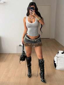 Camiseta de punto de verano con cuello en V gris, cómoda y elegante, con encaje de contraste, para salir y vacaciones - Gris - Ver 3
