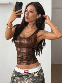 Camiseta de punto de verano con cuello en V gris, cómoda y elegante, con encaje de contraste, para salir y vacaciones - Marrón 2 - Ver 2