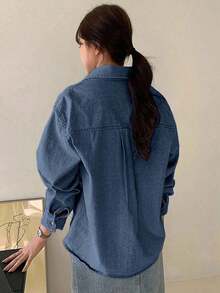 Camisa vaquera de lavado claro con cuello, bolsillos, ajuste holgado de manga larga, para primavera/verano/otoño - Azul lavado medio - Ver 3