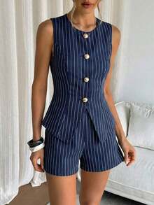 Conjunto de chaleco y pantalones cortos de rayas con botones delanteros para mujer, casual/para ir al trabajo - Azul marino - Ver 3