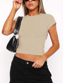 Camiseta De Verano Para Mujer unicolor De Cuello Redondo Y Manga Corta De Ajuste Delgado - Albaricoque - Ver 3