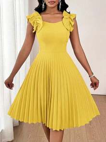 Vestido mini de fiesta con estampado floral y pliegues a la moda para mujer - Amarillo - Ver 6